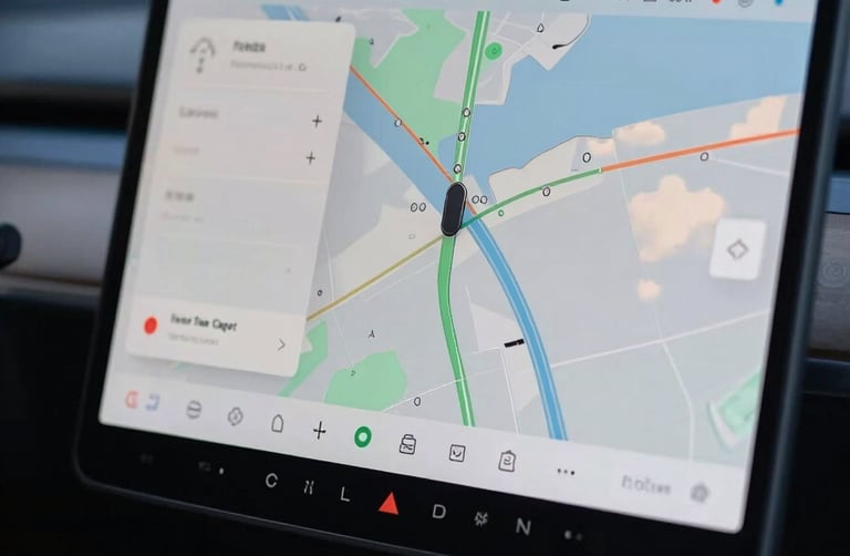 A close-up photograph of a clean, modern car infotainment screen displaying a navigation map, with soft ambient light in Steel Blue and Soft Cloud tones.