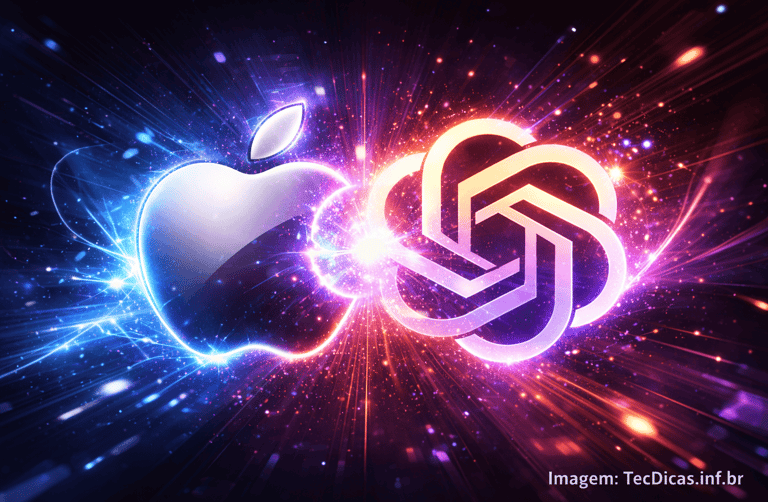 Ilustração digital mostrando o logo da Apple se fundindo ao símbolo da OpenAI em uma explosão de luz