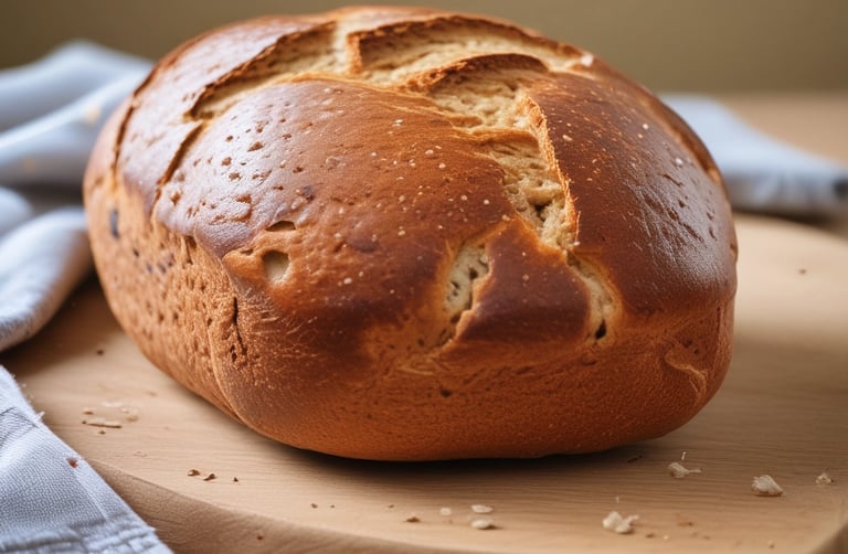 A hearty wheat bread loaf sliced to reveal its dense, wholesome texture with visible grains.