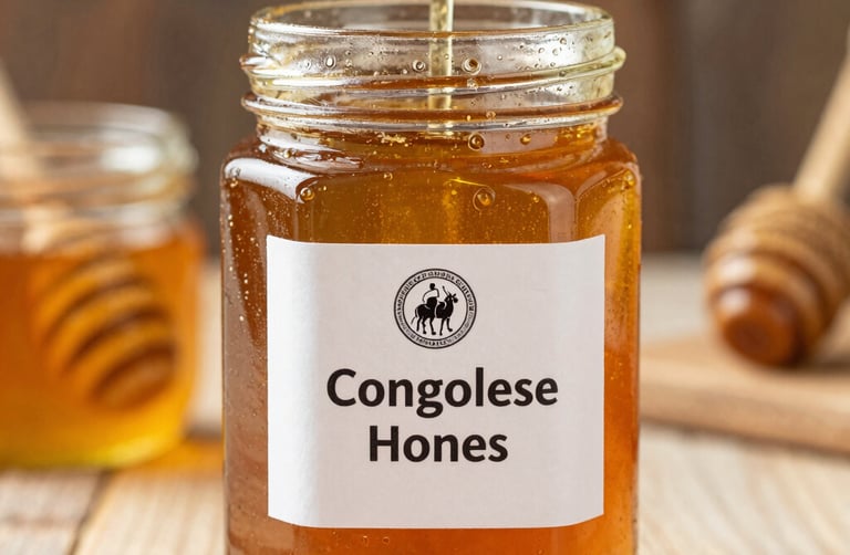 Golden pure honey dripping from a wooden dipper into a glass jar, set against a natural wooden surface.