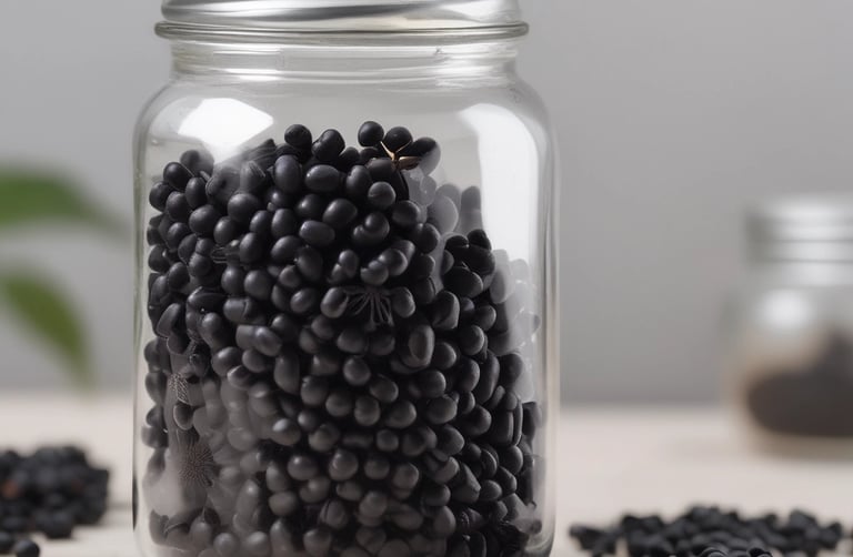 Close-up of elegant nigella seed capsules surrounded by delicate gold droplets.