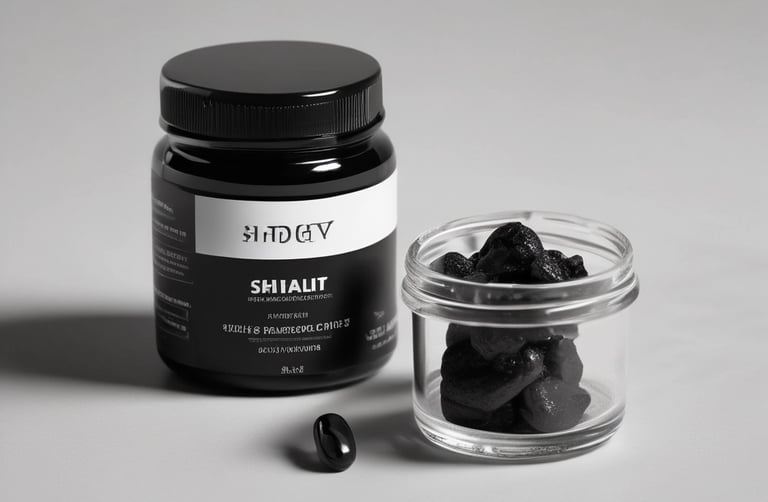 Shilajit resin in a pristine jar with a backdrop of luminous golden vapor drops.