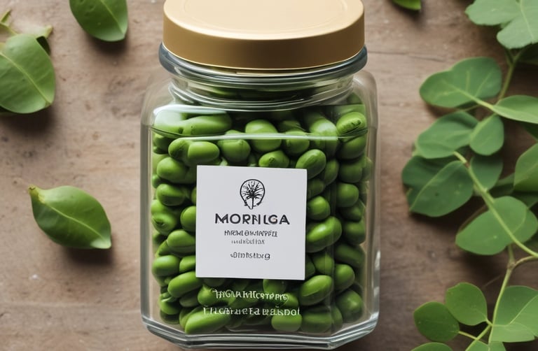 Rich green moringa leaves with golden light reflecting off fine perfume spray droplets.