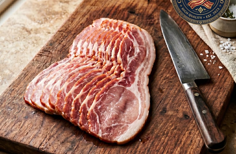 10 slices of premium unsmoked bacon on wooden board