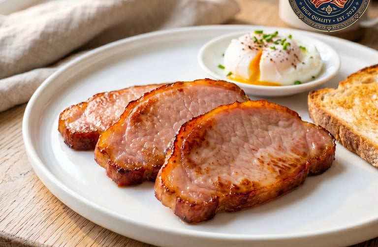 3 slices of thick cut cambodia bacon with poached egg