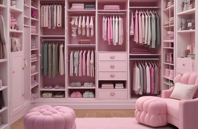 An assortment of merch items including mugs, tote bags, and pins with the Pink Prayer Closet logo.