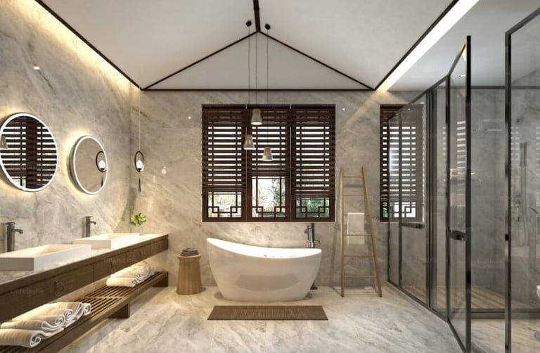 Bathroom remodel with a freestanding bathtub, wall-mounted sinks, and a glass-enclosed shower.