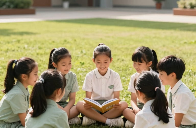 A group of happy primary school children in soft sage green and soft off-white uniforms sitting in a circle on a sunlit lawn, looking at a book together. A modern school building is visible in the background. Warm, natural lighting, institutional style.