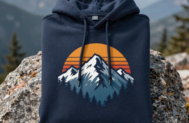 Close-up of a soft, heather-gray hoodie with a subtle mountain silhouette embroidered on the chest.