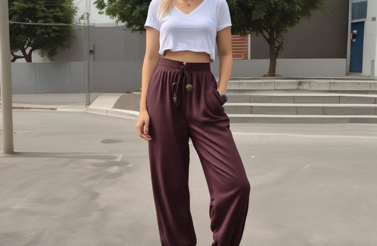 Close-up of terracotta-colored tailored pants paired with sleek white sneakers on a casual urban backdrop.