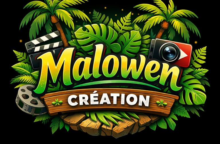 Malowen Création tropical logo with palm trees, clapperboard, and film reel for video production.