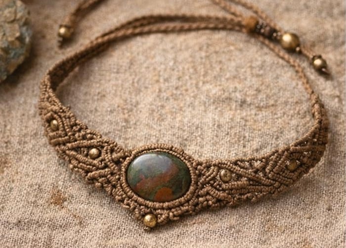 Collar gargantilla de macramé boho hecho a mano con una piedra de jaspe natural y cuentas de latón 