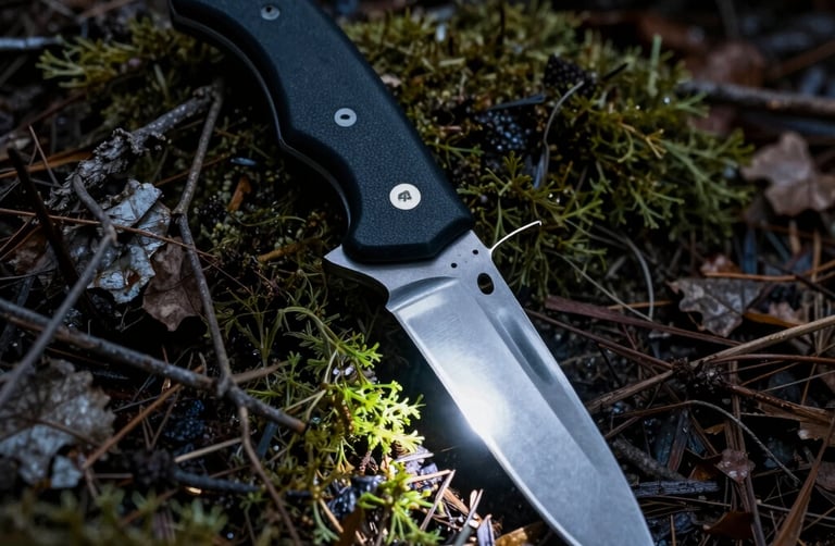 Fixed blade tactical survival knife with a black handle resting on a mossy forest floor.