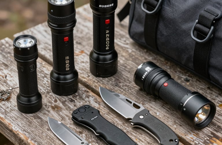 An assortment of premium Olight gear and knives arranged artfully on a leather mat.