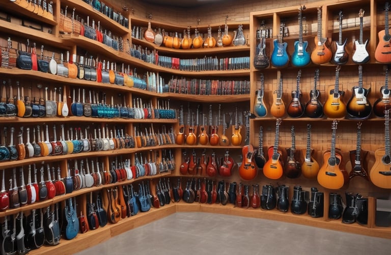 A vibrant display of various musical instruments including guitars and keyboards.