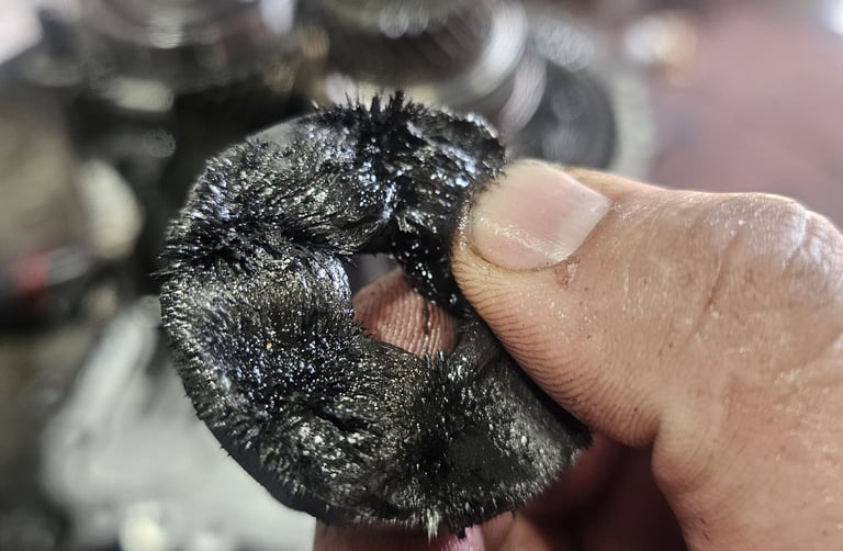 A mechanic holding a magnetic drain plug covered in metal shavings from a vehicle transmission.