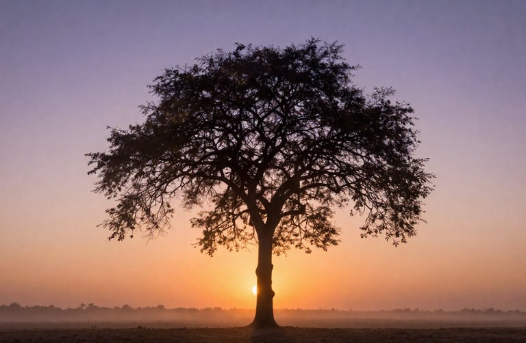 Serene moringa tree at sunrise symbolizing bridge between ancient wisdom modern science