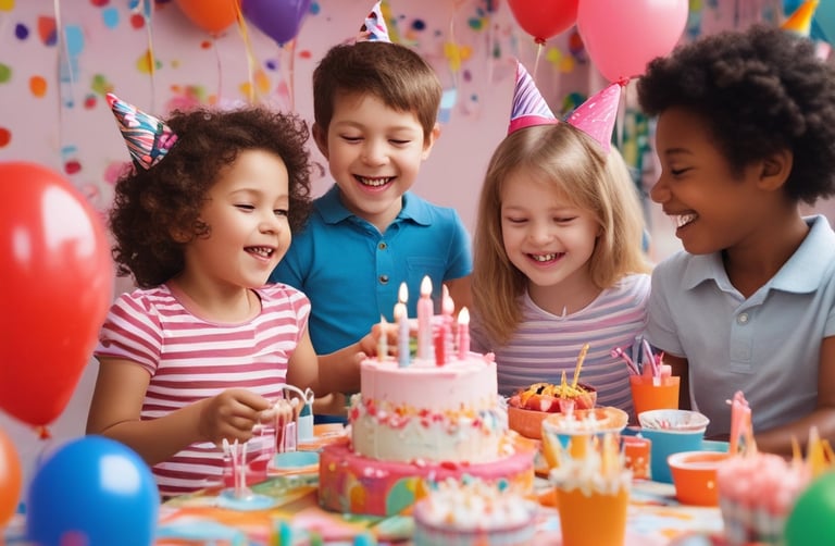 A cheerful group of friends celebrating a birthday with balloons and cake.