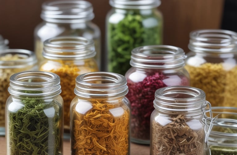 A vibrant display of herbal blends in glass jars, showcasing the variety of natural ingredients.