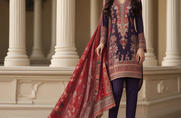 A mannequin displays a traditional South Asian saree featuring a white fabric with golden polka dots and a bold red border. The saree is adorned with intricate gold jewelry, including a necklace and a waist belt. The background appears to be a richly decorated interior with ambient lighting.