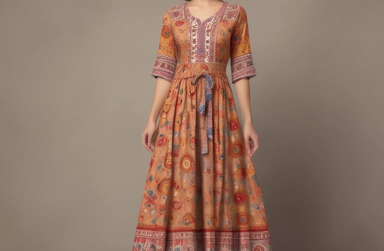 A person is wearing a traditional outfit that features a cream-colored kurta with floral patterns and intricate embroidered designs on the border. The ensemble includes matching pants and beige heeled sandals. The person is accessorizing with large earrings and has long, straight hair. In the background, there is a large white vase with green foliage.