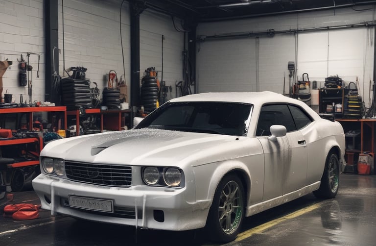 An assortment of wheel cleaners and brushes for automotive detailing.