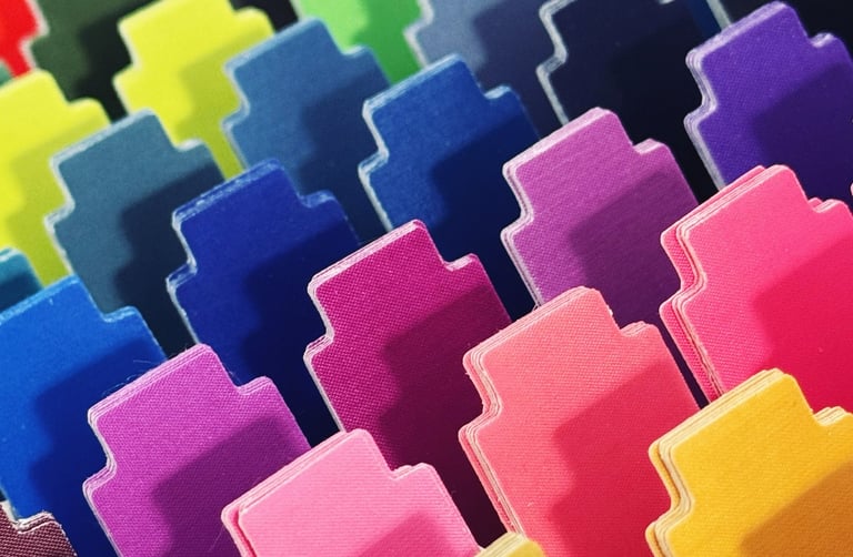 Een groot aantal kleurrijke papieren die de kleuradviesdienst vertegenwoordigen