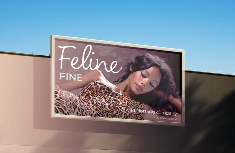 Feline Fine clothing brand billboard featuring bold typography and striking cat-themed design.
