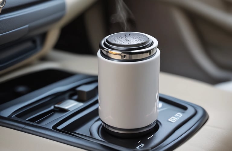A black aroma diffuser emits a delicate stream of mist. It sits on a wooden board next to several small bottles of essential oils. A stylish glass soap dispenser with a golden pump is also on the board. Green leaves and dried plants in the background add a natural touch to the bright, tranquil setting.