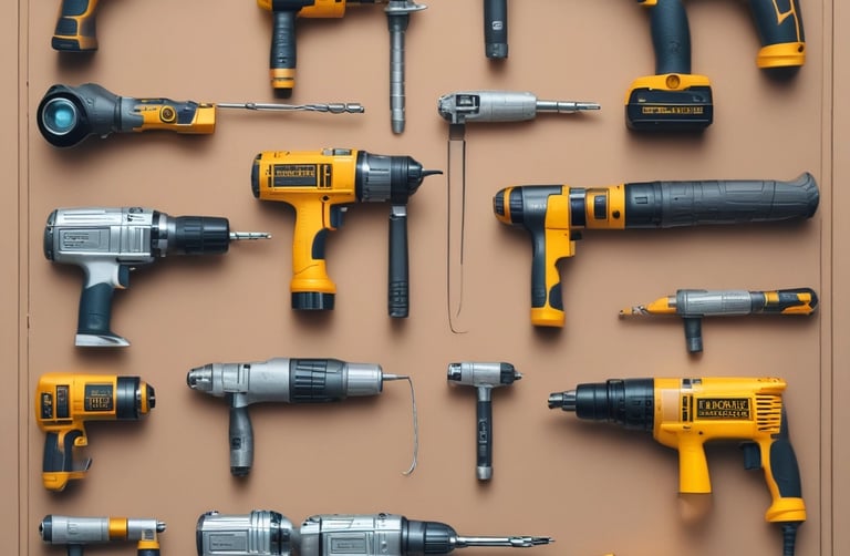 A wooden surface is scattered with various hand tools and hardware items. There is a hammer with a wooden handle, a black metal ruler, several screws, a cloth, pliers, drill bits, hex keys, and a utility knife with an orange and black casing.