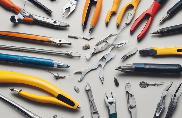 A collection of tools is arranged on a dark surface. An electric drill with the brand 'Hyper Tough' is visible alongside a claw hammer with a black handle. Three chisels of varying sizes, also branded 'Hyper Tough,' are aligned next to the hammer.