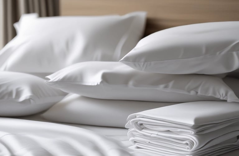 A neatly folded stack of linens with a soft, textured appearance. The linens are in muted tones, arranged on a white surface with a soft background blur.