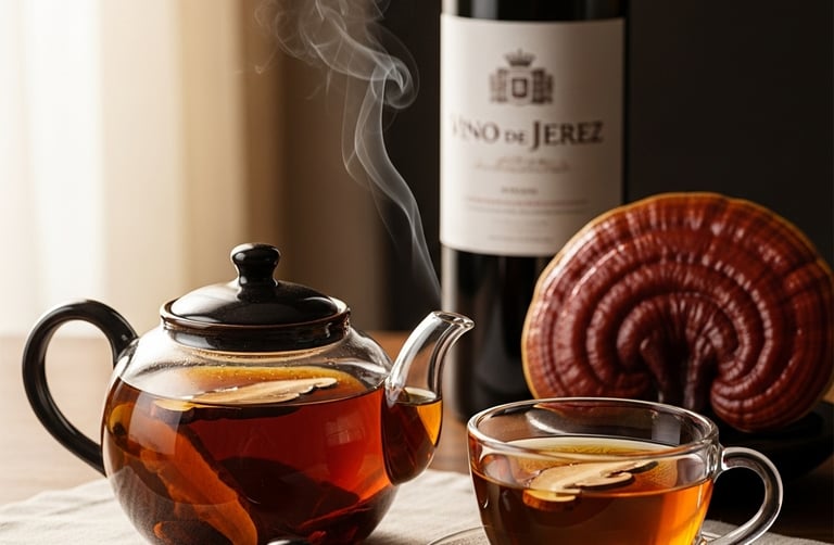 a teapot with a cup of tea and a bottle of wine