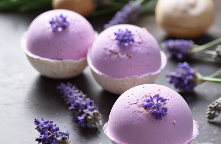 Two white bath bombs are placed on a white plate, accompanied by dried lavender sprigs. The setting is serene, with a soft focus on the lavender, highlighting its purple tones against the muted white of the bath bombs.