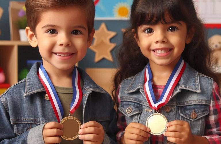Niños de preescolar con medallas motivacionales pequedivertido