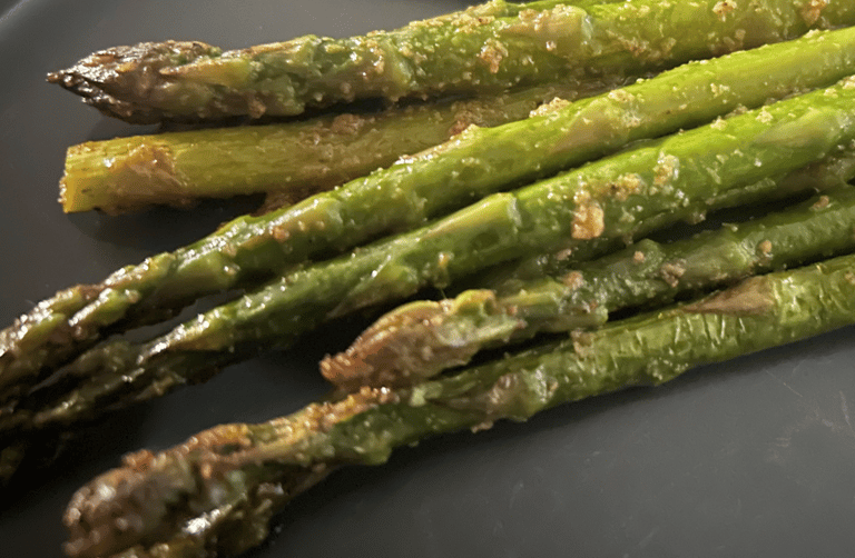 asparagus - closeup on plate for FlavorfulBites site