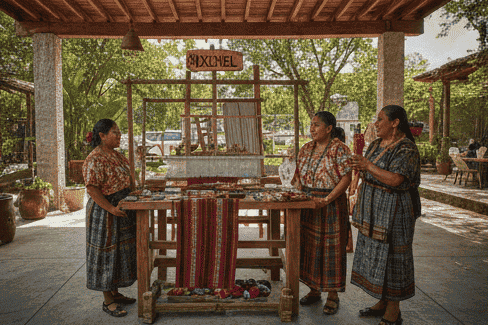 Mujeres indígenas mayas con la vestimenta tradicional huipil mostrando productos hechos a mano