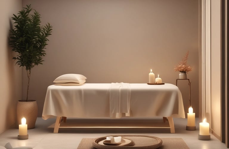 camilla de masaje dentro de una cabina, con velas alrededor