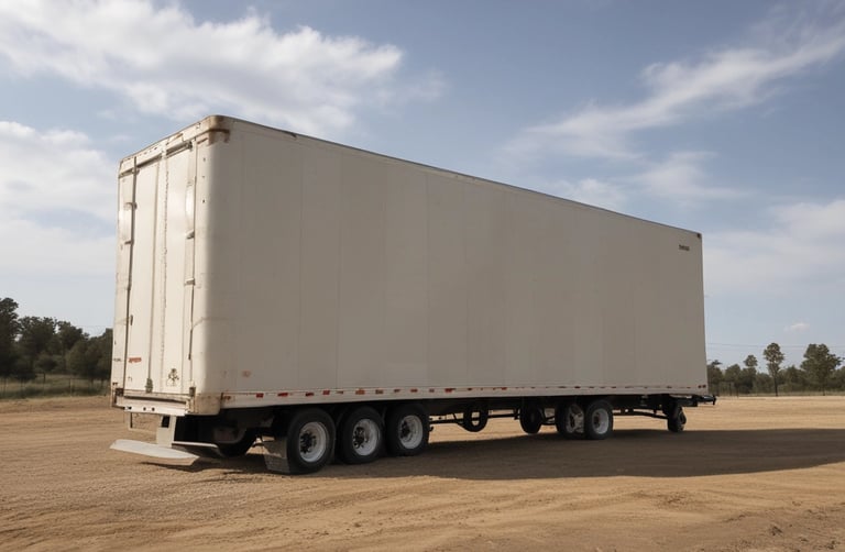A sturdy dry box trailer parked in an industrial yard under a clear sky.