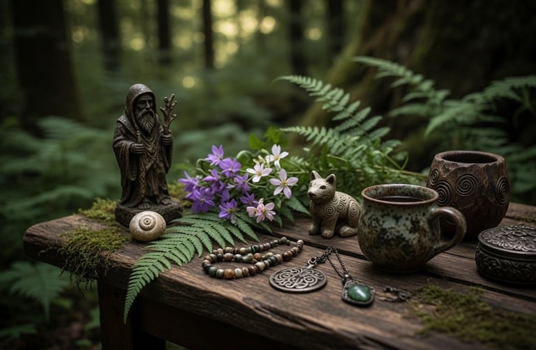 Witchcraft altar in a forest featuring a wizard statue, healing crystals, and pagan talismans.