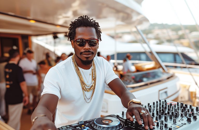 a man in sunglasses and sunglasses is playing music on a boat