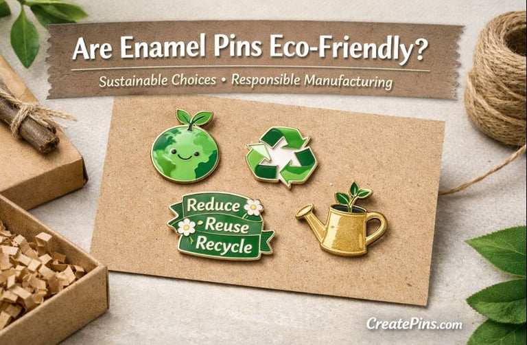 Eco-friendly enamel pins displayed on recycled paper with sustainable packaging by CreatePins