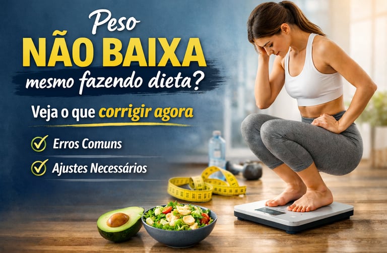 Mulher em cima da balança olhando para o peso, com alimentos saudáveis e fita métrica ao lado, em ca