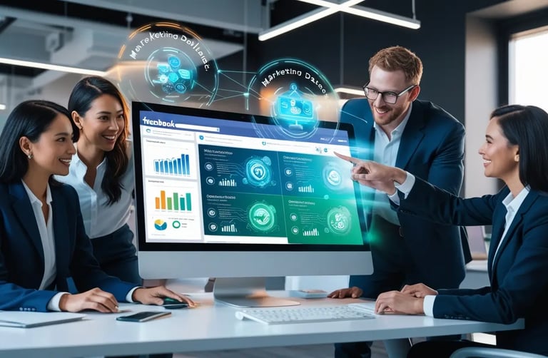 Equipo de trabajo en una oficina moderna colaborando frente a una computadora con hologramas de datos de marketing digital, m