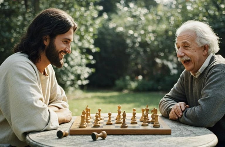 Jesús y Einstein jugando ajedrez en jardín verde, sonriendo; simboliza armonía fe-ciencia
