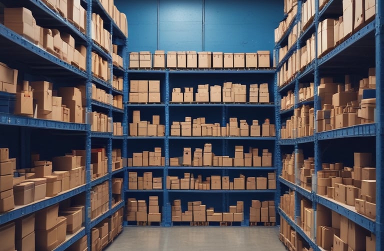 A person stands beside a conference or event registration table. The table is filled with water bottles, name tags with colored clips, pens, and papers. Behind the person, a large screen displays digital content. The room is dimly lit with some ceiling lights.