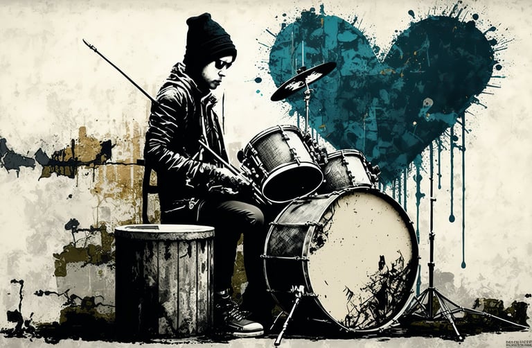 a man playing drums in front of a heart shaped heart