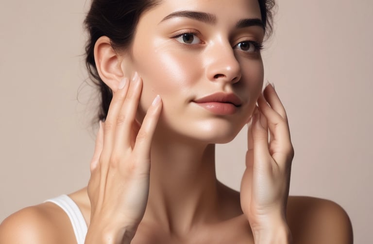 A person with light skin is smiling and holding up a tube of Janssen Cosmetics Thermo Peel Mask Cranberry next to their face. They have applied some of the mask to their cheek, and their nails have a delicate design.