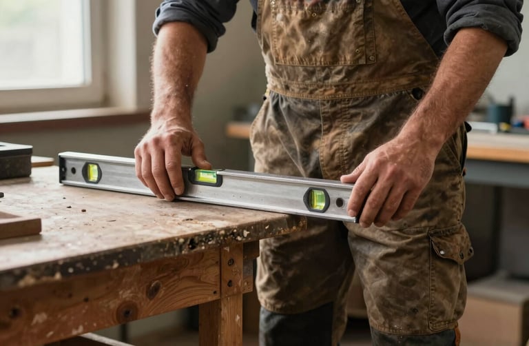 A worker in clean, worn canvas work pants standing next to a wooden workbench, natural light streaming through a window, hands resting on a steel level.