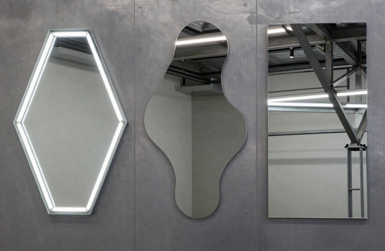 Miroirs géométriques installés dans un loft industriel.